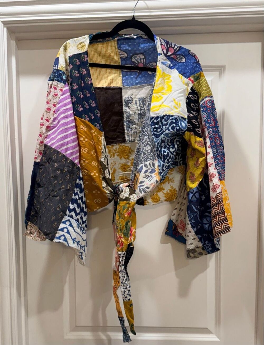 Kathmandu Imports Boho Patchwork Tie Front Crop Top Bell Sleeve One Size